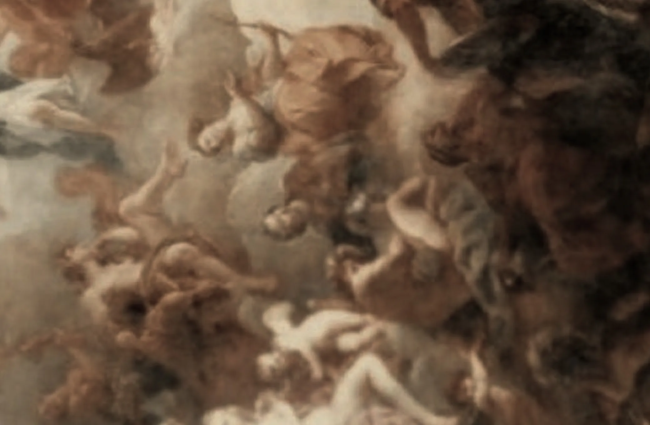 A ceiling fresco in warm umber and sand, figures swirling through cloud.