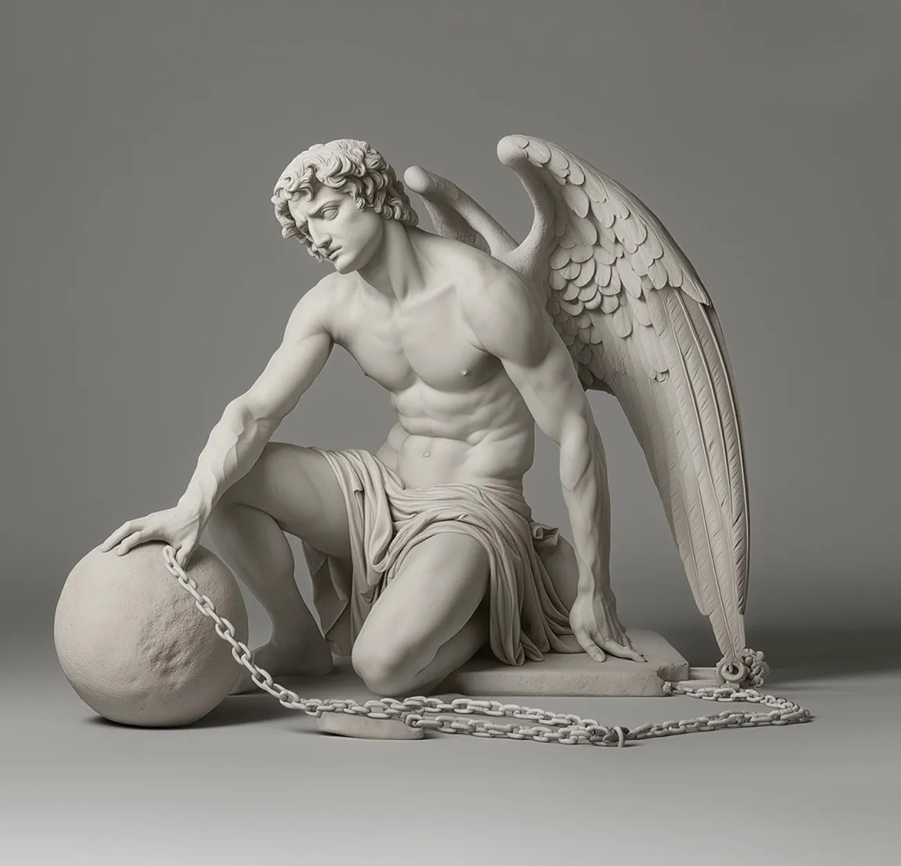 A white marble sculpture of a winged figure kneeling beside a stone sphere, on a grey ground.